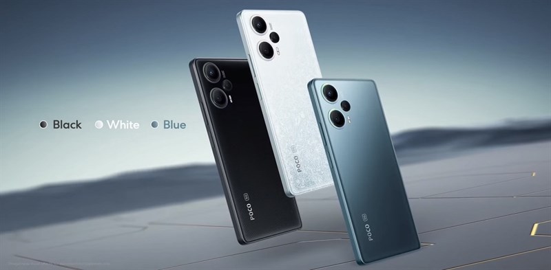 Ba phiên bản màu sắc của POCO F5 gồm trắng, đen và xanh Ba phiên bản màu sắc của POCO F5 gồm trắng, đen và xanh