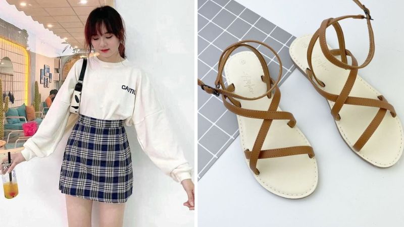 Mix áo thun + chân váy với sandal nữ