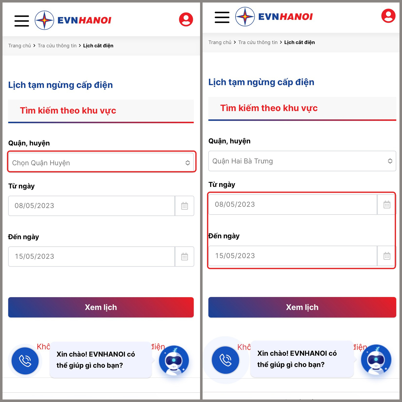 Cách xem lịch cúp điện
