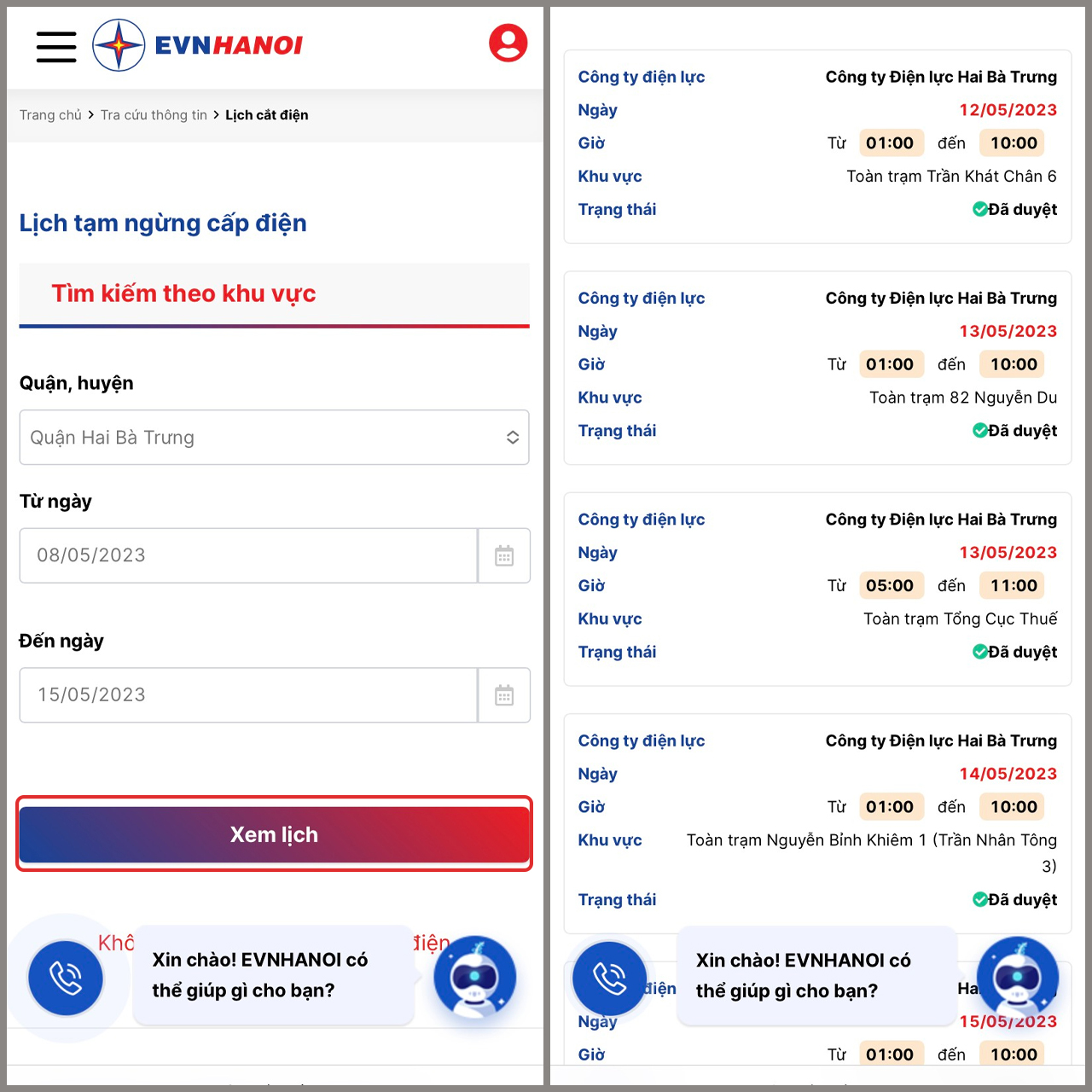 Cách xem lịch cúp điện