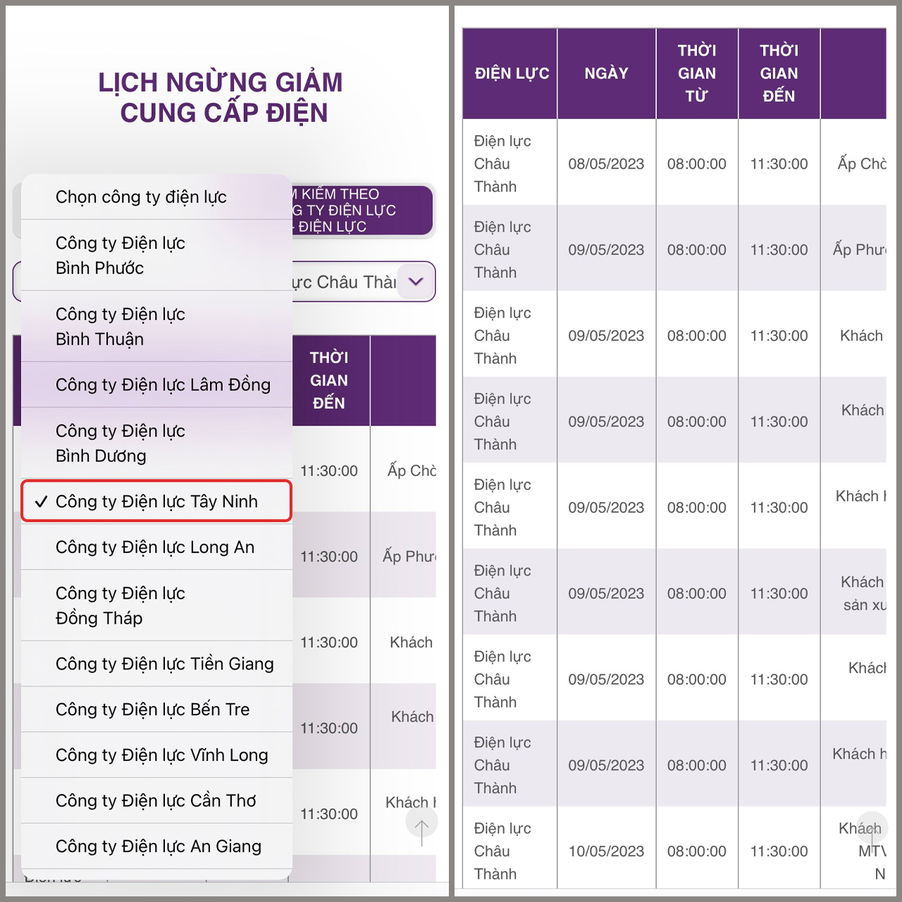 Cách xem lịch cúp điện
