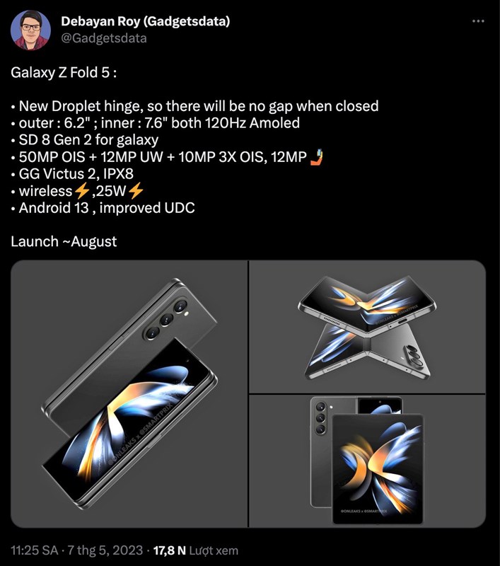 Bài tweet về rò rỉ mới nhất của Galaxy Z Fold5