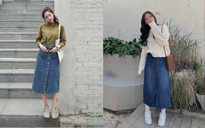 Áo len mỏng kết hợp cùng váy maxi denim