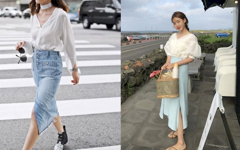 Váy maxi denim kết hợp với áo blouse