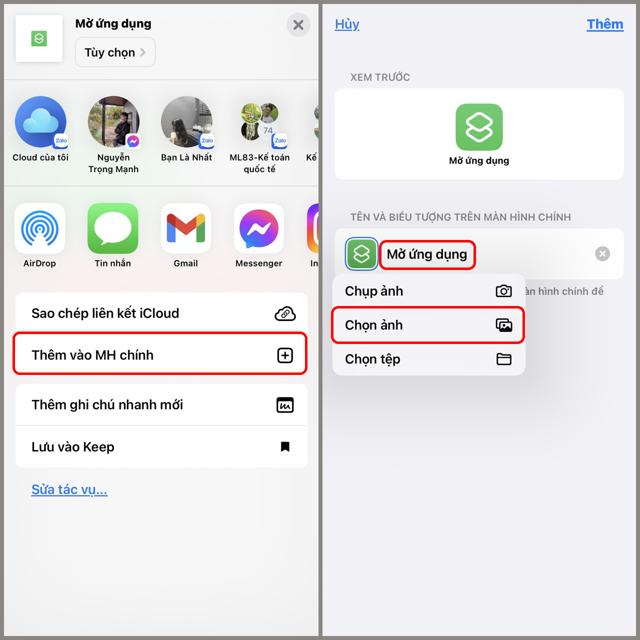 Thêm icon tùy chỉnh vào màn hình chính Chọn ảnh và đặt tên mới cho biểu tượng ứng dụng trên iPhone