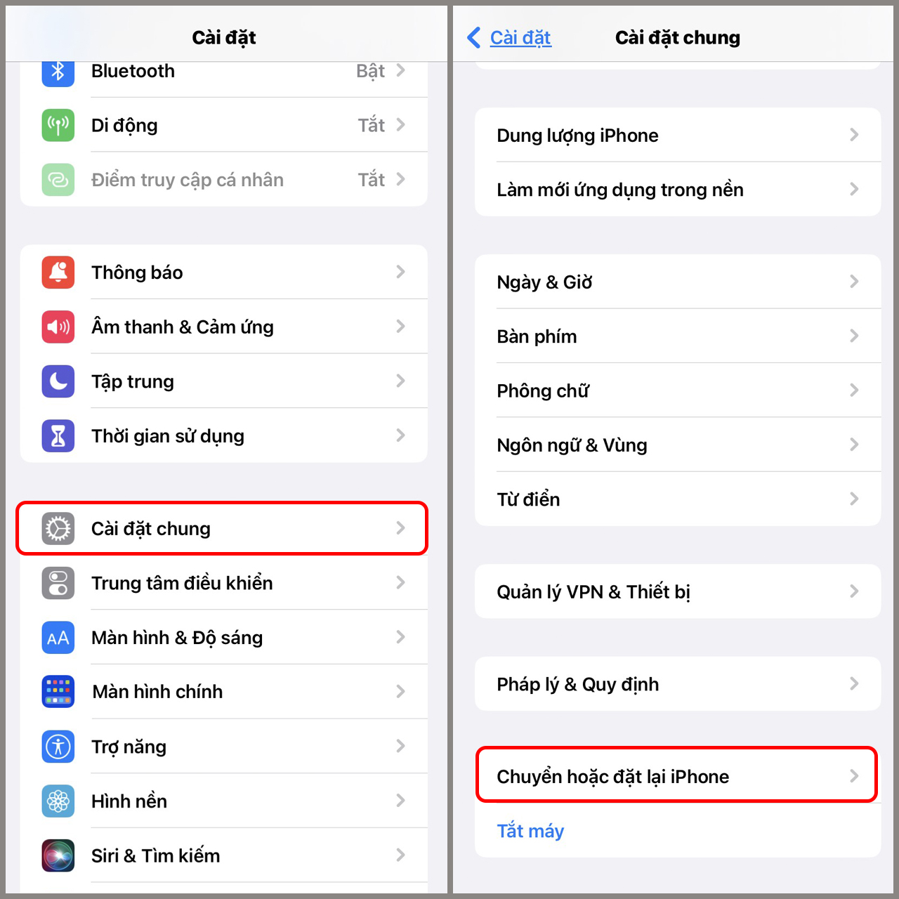 Vào mục Chuyển hoặc đặt lại iPhone Mở Cài đặt chung và chọn Chuyển hoặc đặt lại iPhone