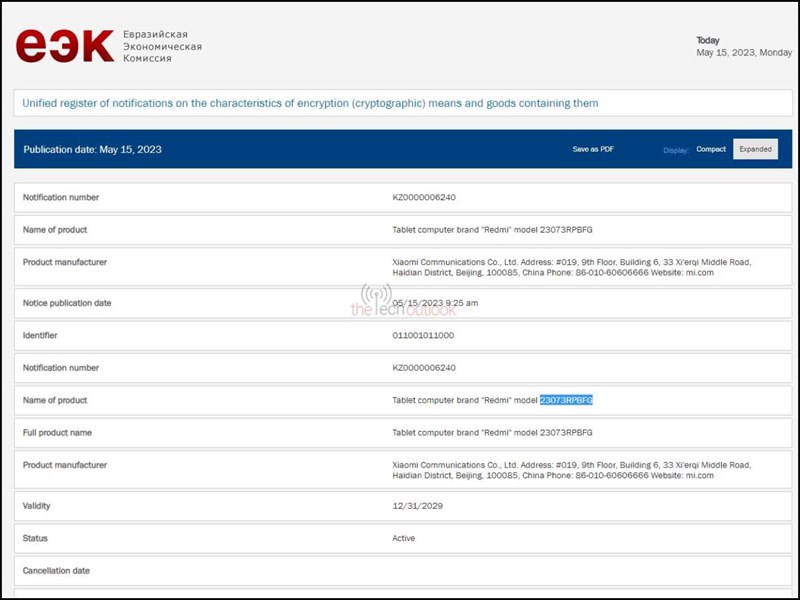 Máy tính bảng mới của Redmi xuất hiện trên trang web chứng nhận EEC của châu Âu