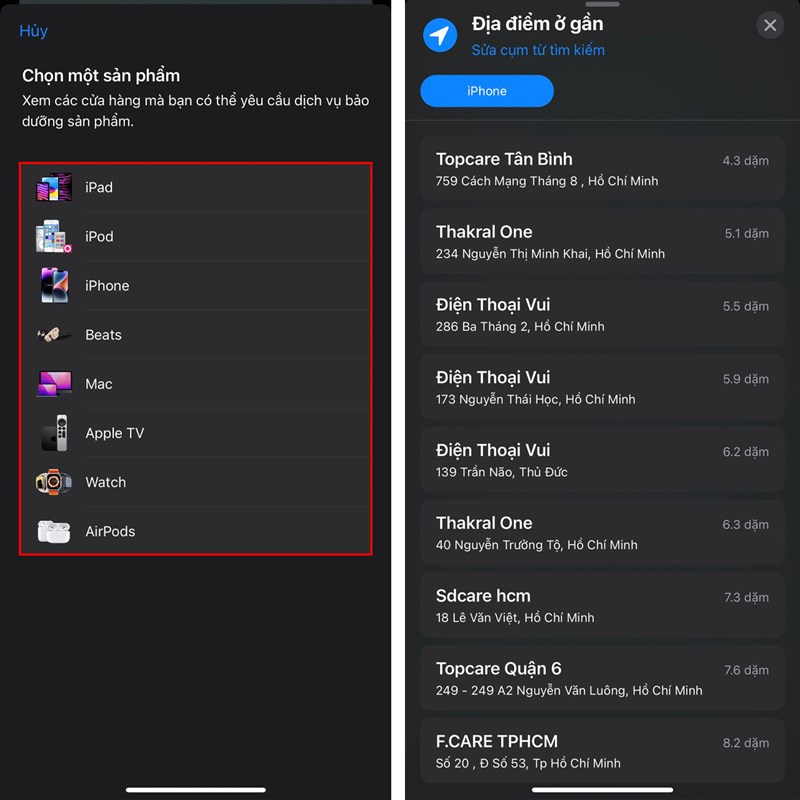 Cách tìm kiếm địa điểm sửa chữa trong app hỗ trợ của Apple