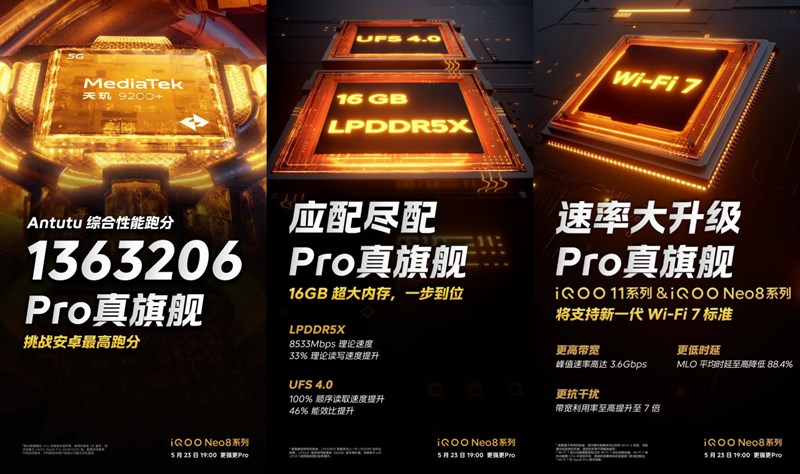 iQOO Neo8 Pro được hãng xác nhận thông tin chip xử lý, bộ nhớ, công nghệ Wi-Fi và điểm AnTuTu