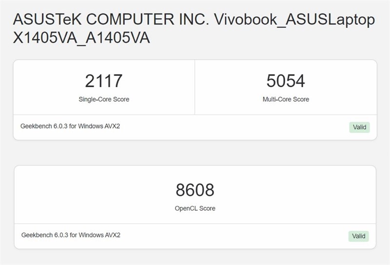 Điểm GeekBench 6 của ASUS Vivobook 14 A1405VA Điểm GeekBench 6 của ASUS Vivobook 14 A1405VA