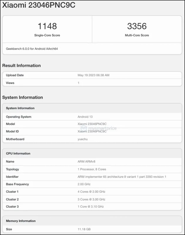 Xiaomi CIVI 3 đạt 1.148 điểm đơn lõi và 3.356 điểm đa lõi trong bài kiểm tra hiệu suất của Geekbench 