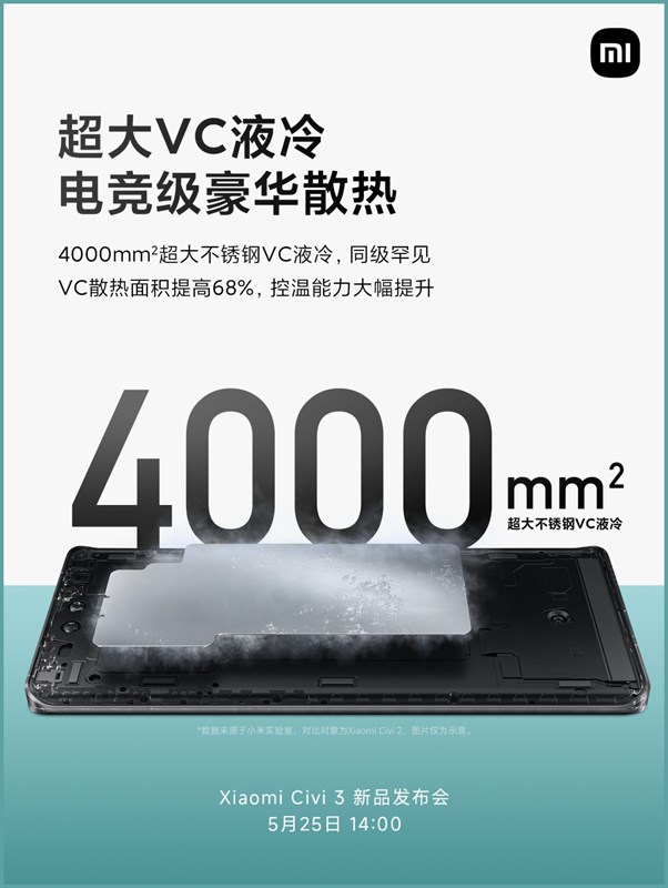 Hệ thống tản nhiệt VC của Xiaomi CIVI 3 lớn hơn nhiều so với Xiaomi CIVI 2