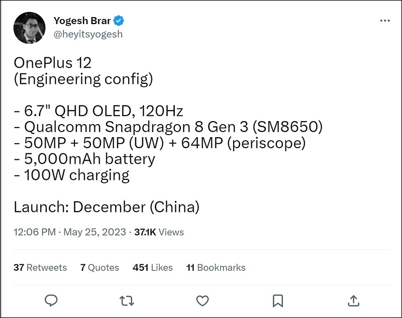 Bài viết được leaker Yogesh Brar đăng tải trên Twitter