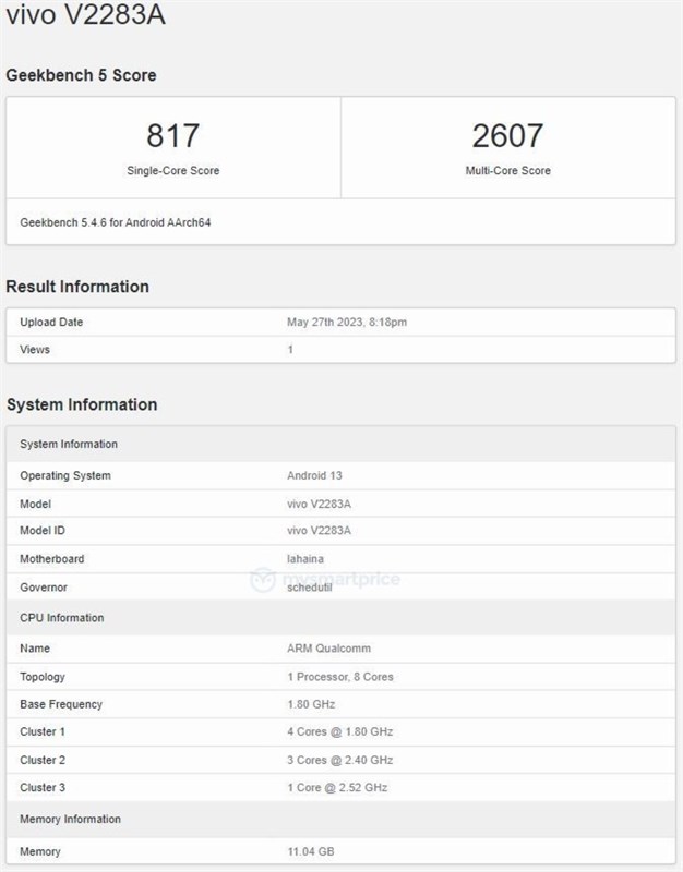 Thông tin về Vivo S17 trên Geekbench