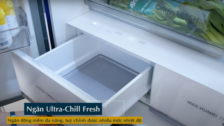 Ngăn đông mềm đa năng Ultra-Chill Fresh và khay kim loại. Khay có thể dễ dàng tháo ra vệ sinh