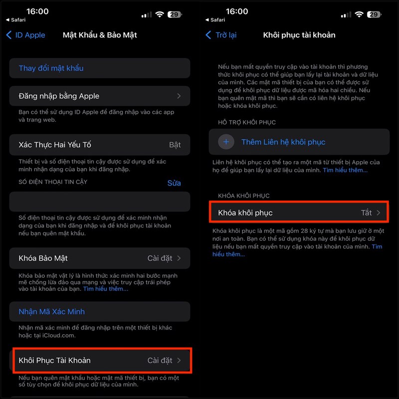 Cách tạo mã khoá để khôi phục ID Apple