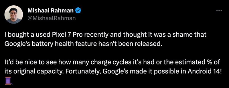 Bài tweet của chuyên gia Mishaal Rahman về tính năng mới của Android 14