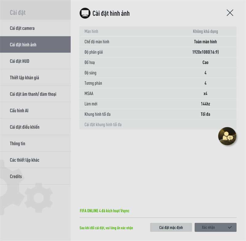 Cấu hình đồ họa tựa game FIFA Online 4 được thiết lập trên MSI GF63 Thin 11UC