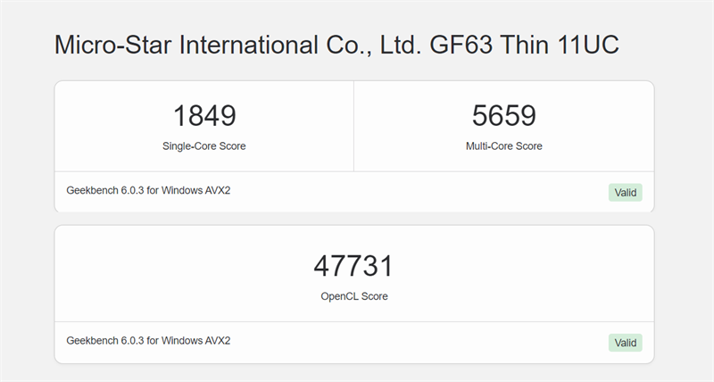Điểm hiệu năng của MSI GF63 Thin 11UC được chấm bởi GeekBench 6