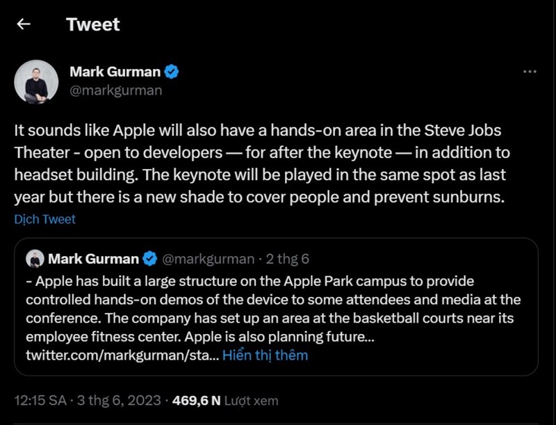 Bài viết của Mark Gurman trên Twitter cá nhân