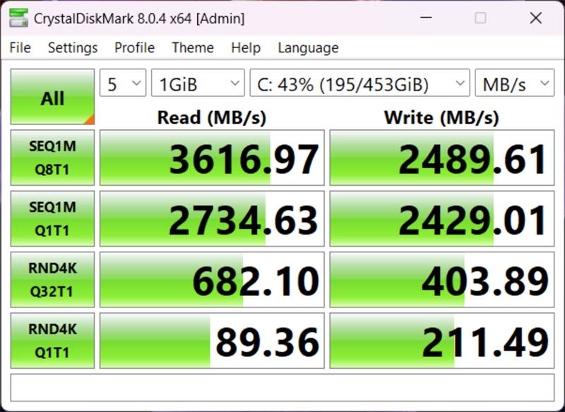 Tốc độ đọc/ghi của ổ cứng SSD trên MSI Cyborg 15 A12VE được đo bởi Crystal Diskmark