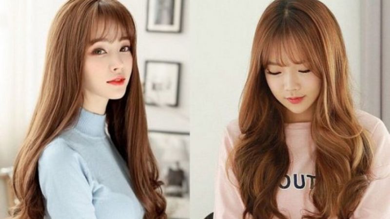 Long curly hair with thin bangs
