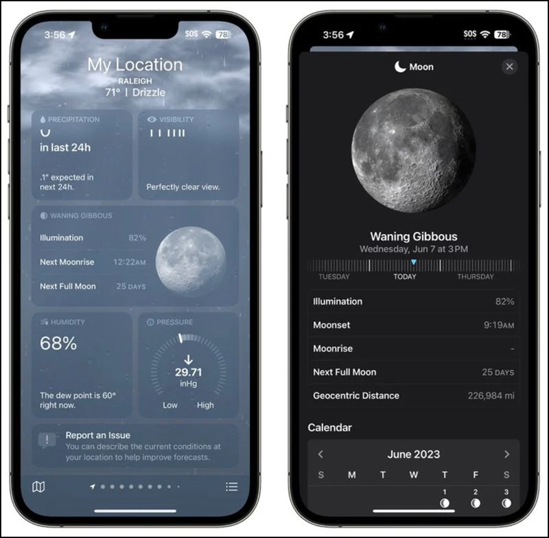 Apple đã thêm một module mặt trăng hiển thị các thông tin của mặt trăng