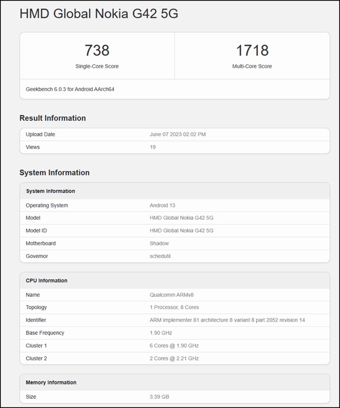 Nokia G42 đạt được 738 điểm đơn nhân và 1.718 điểm đa nhân trong bài kiểm tra hiệu suất của Geekbench