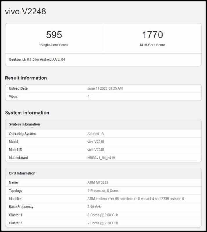 Vivo Y27 5G (V2248) lộ thông số trên Geekbench