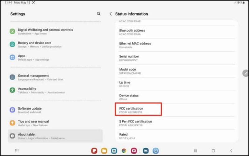 Giao diện ứng dụng Cài đặt của Galaxy Tab S9 và chứng nhận FCC