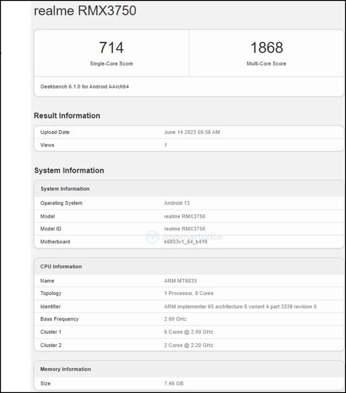 Điểm Geekbench bị lộ của realme Narzo 60