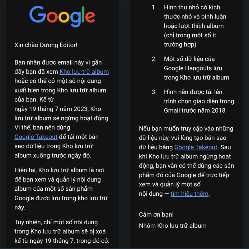 Google gửi email đến người dùng về thời điểm Kho lưu trữ album ngừng hoạt động