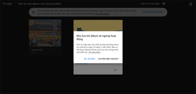 Google gửi thông báo chuyển hướng đến Google Takeout khi người dùng truy cập vào Kho lưu trữ album