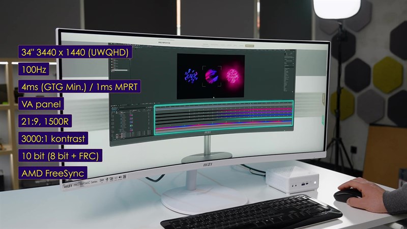 MSI Pro MP341CQW cũng đạt 116.25% SRGB, hệ màu 10 bit, hiển thị 1.07 tỷ màu, độ tương phản 3000:1.