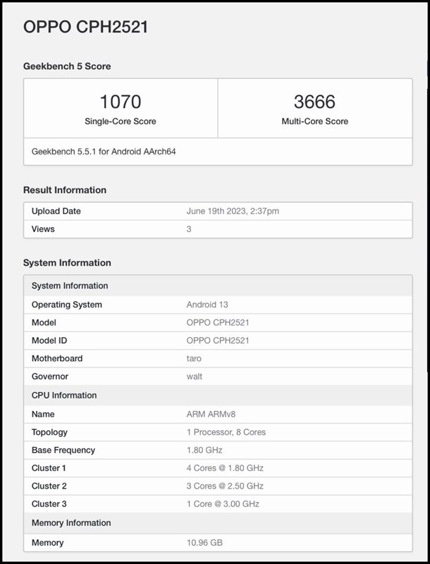 OPPO CPH2521 xuất hiện trên Geekbench được cho là tên mã của OPPO Reno10 Pro Plus quốc tế