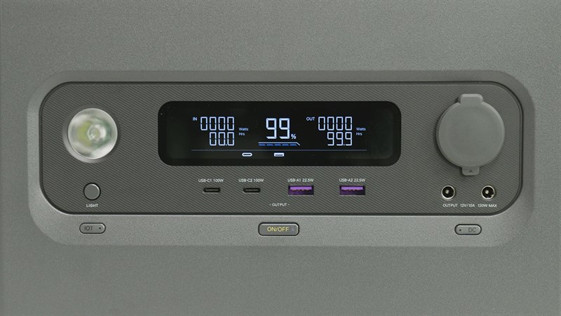 Bên dưới màn hình là 2 cổng USB-C và 2 cổng A cùng công tắc nguồn.