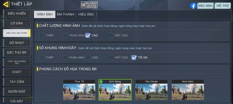 Thiết lập đồ họa Call Of Duty Mobile mà mình đã đặt trên OPPO A98 5G.