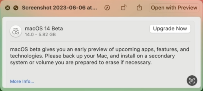 macOS Sonoma Beta (macOS 14 Beta) có dung lượng khoảng 5.82 GB trên chiếc MacBook Air M2 của kênh YouTube zollotech. Nguồn: zollotech.