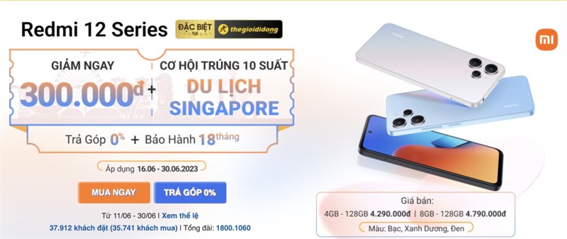 Khách hàng đặt mua Redmi 12 sẽ nhận được ưu đãi giảm giá 300 nghìn đồng và cơ hội trúng vé đi du lịch Singapore