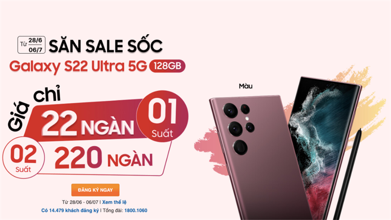 Chỉ có tại Thế Giới Di Động: Săn Galaxy S22 Ultra chỉ 22.000 đồng, ưu đãi giảm giá 41%