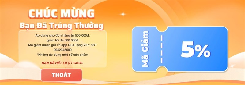 Quay số may mắn nhận mã giảm giá đến 500K, ai cũng có thể nhận quà!