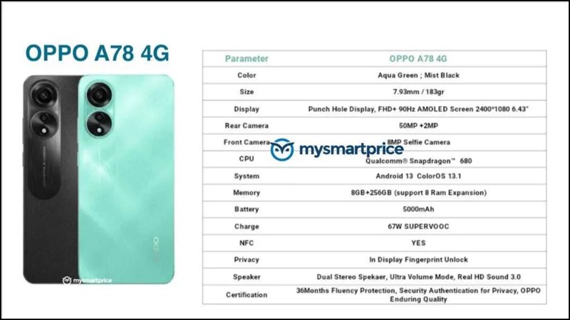  OPPO A78 4G sẽ có hai tùy chọn màu sắc là: Misty Black và Aqua Green