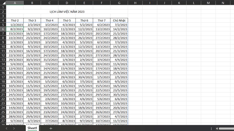 cách tạo lịch nhanh khi sử dụng Excel