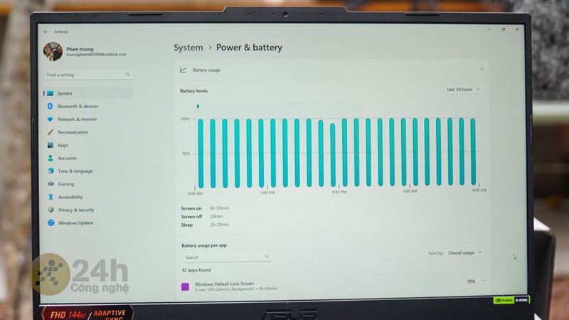 Trong điều kiện bình thường thì mình có thể sử dụng ASUS TUF F15 FX507VV4 không sạc trong vòng 3 tiếng - 3 tiếng 30 phút