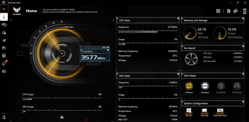 Để chấm điểm hiệu năng ASUS TUF F15 FX507VV4 tốt nhất thì mình đã đặt GPU Mode cao nhất qua ứng dụng AMOURY CRATE