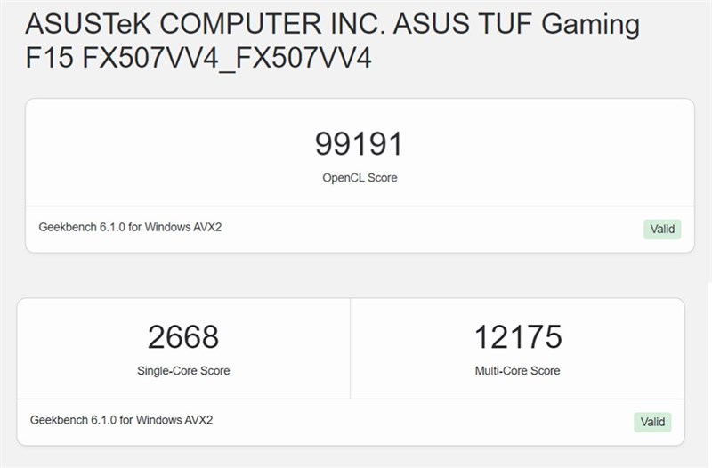 Điểm Geekbench 6 của ASUS TUF F15 FX507VV4