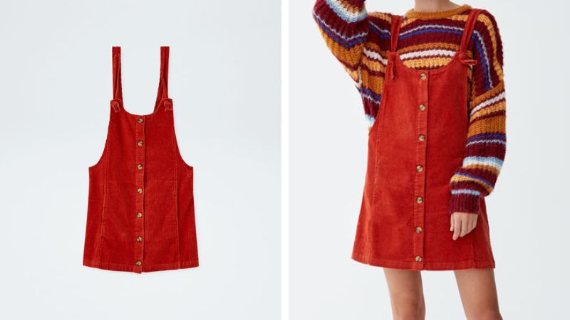 PULL&BEAR CORDUROY PINAFORE PINAFORE DRESS WITH FRONT BUTTON