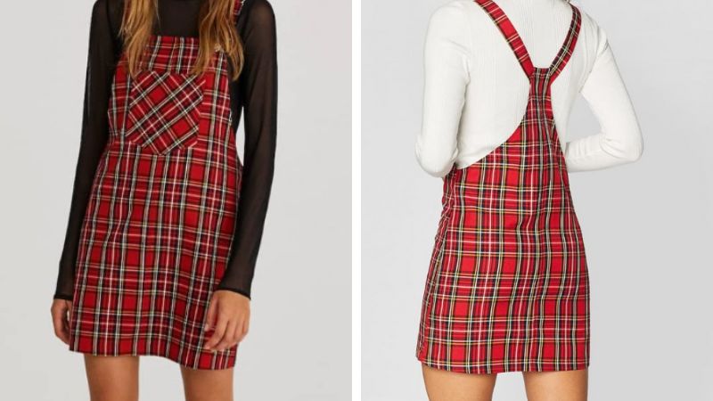 STRADIVARIUS CHECKED CORDUROY PINAFORE DRESS