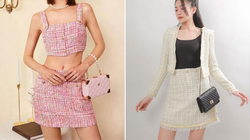 Chân váy dạ tweed phối cùng áo hai dây