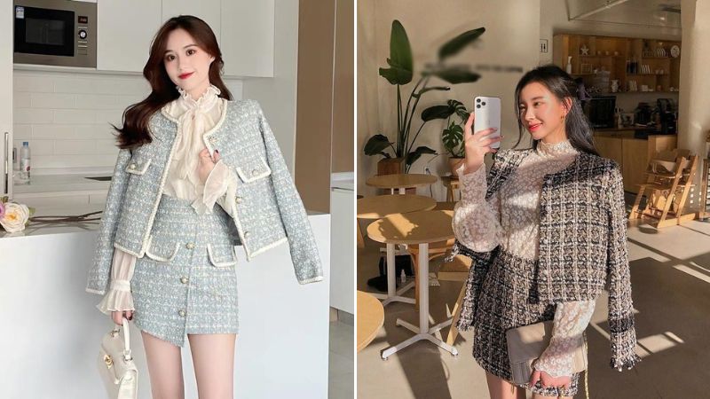 Set vộ váy áo khoác dạ tweed phối bèo tím đẹp sang cao cấp 2100k Lien –  lien fashion
